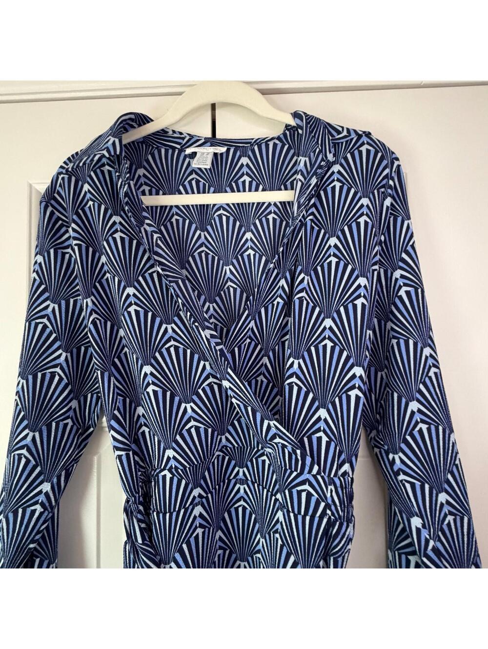London Times Blue Geometric Wrap Midi Dress Long Sleeve NWT 16 - Picture 5 of 9
